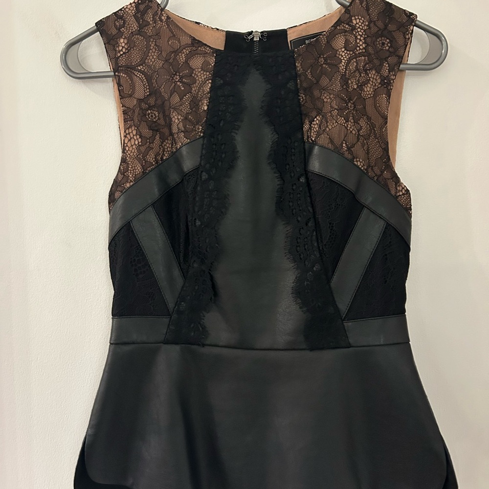 BCBGMaxAzria Black and Tan Lace Detail peplum top